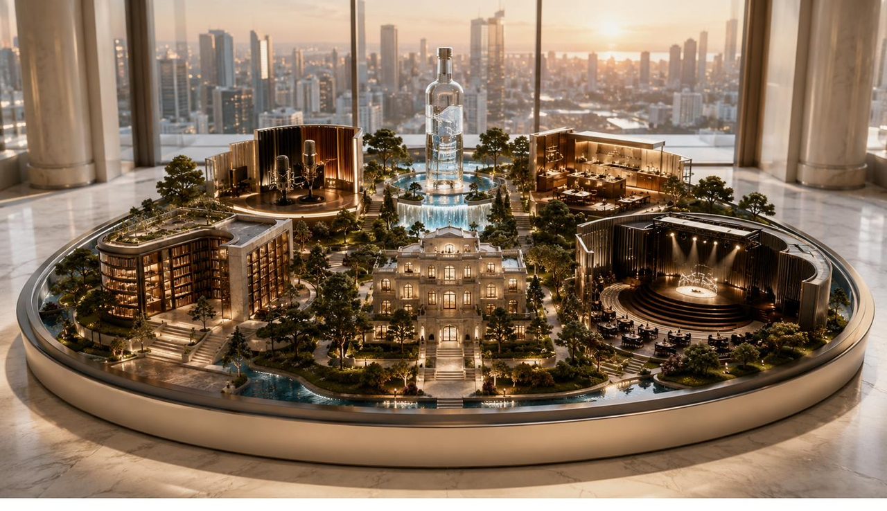 An interactive architectural model of the universe — a circular platform holding the six worlds.